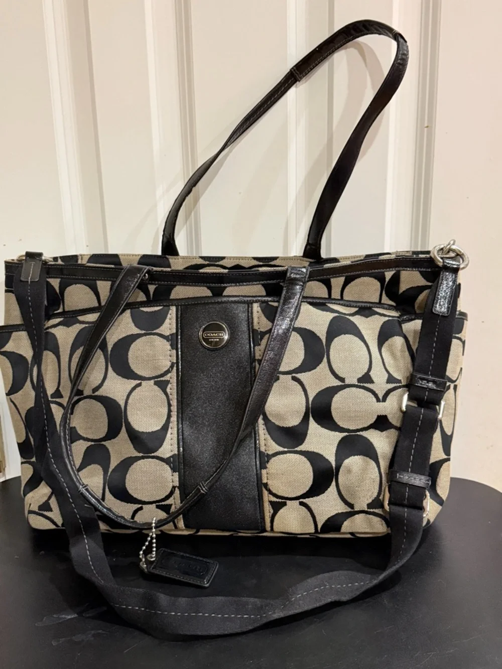Coach Tan and Black Signature Canvas Tote/ multifunction bag